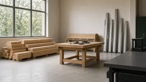 A calm Scandinavian workshop with stacked timber and aluminum profiles.